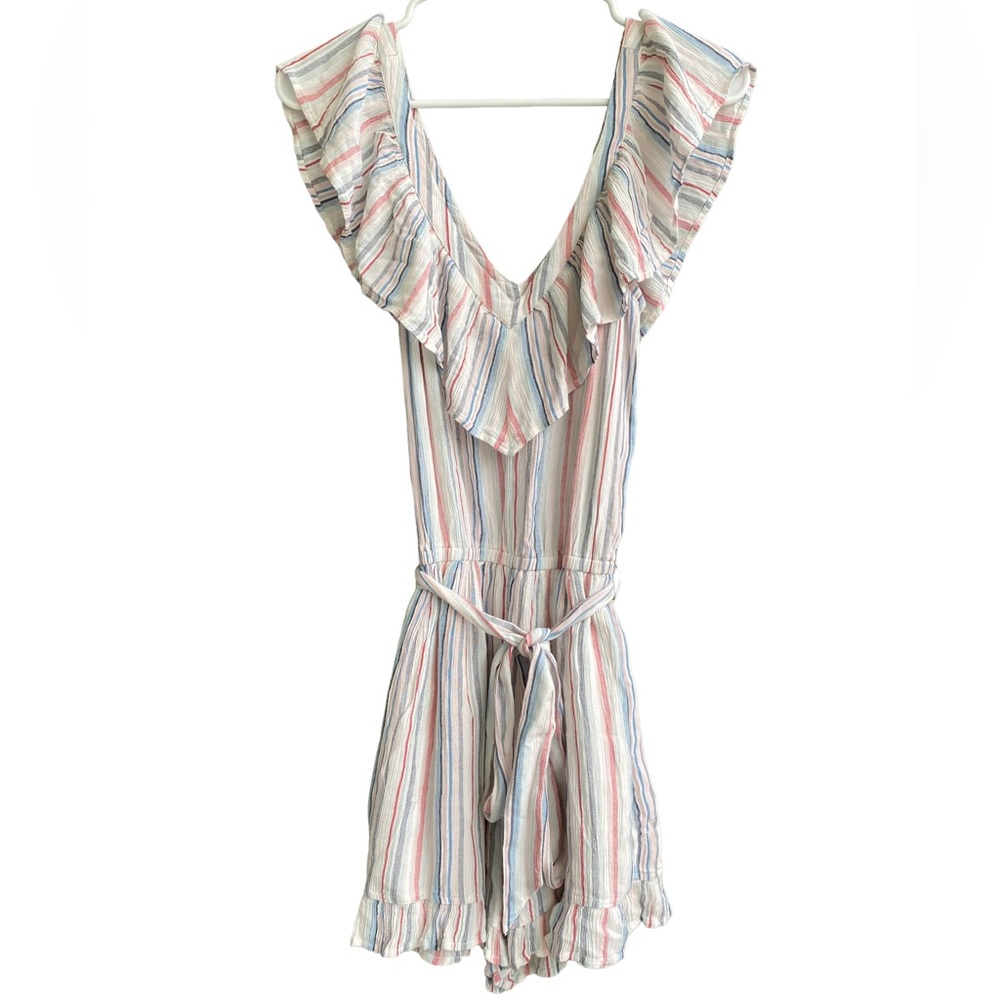 American Eagle V-Neck Tie Waist Ruffle Sleeve Striped Romper Size Small